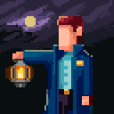 Solve sarcastic mysteries in pixel-art noir A moody pixel-art detective stands under a flickering streetlamp in a rainy noir city