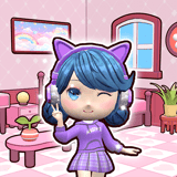 Decorate dreamy doll rooms and style your avatar! A kawaii purple cartoon girl in her decorated bedroom