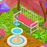 Design your own adorable garden space! Pink bench in a cute, green garden.