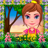 Plant, decorate, and arrange your dream flower garden! A cartoon girl planting her beautiful garden