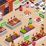 Restock, ring up, repeat—your mini market empire awaits! Superstore shelves with groceries