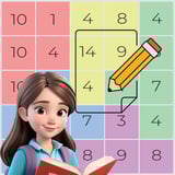 Select the right numbers to solve the grid! Girl holding a book with math puzzle grid in background