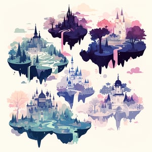 Explore a new color scheme with every cozy game category Floating magical castle worlds in different colors