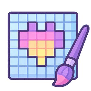 Play creative and retro pixel art games for a cozy escape Colorful pixel art of a cozy cottage and rainbow grid