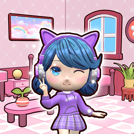 Decorate dreamy doll rooms and style your avatar! A kawaii purple cartoon girl in her decorated bedroom