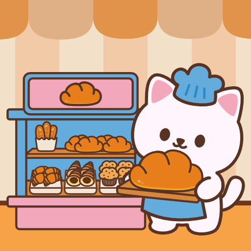 Adorable white cat in a chef hat serving bread in a cozy bakery Kawaii kitty character selling baked treats in this cafe game